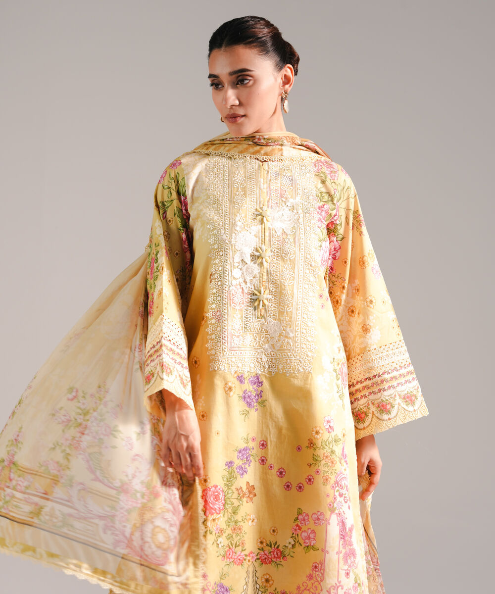 Women's RTW Lawn Embroidered Yellow 3 Piece Suit