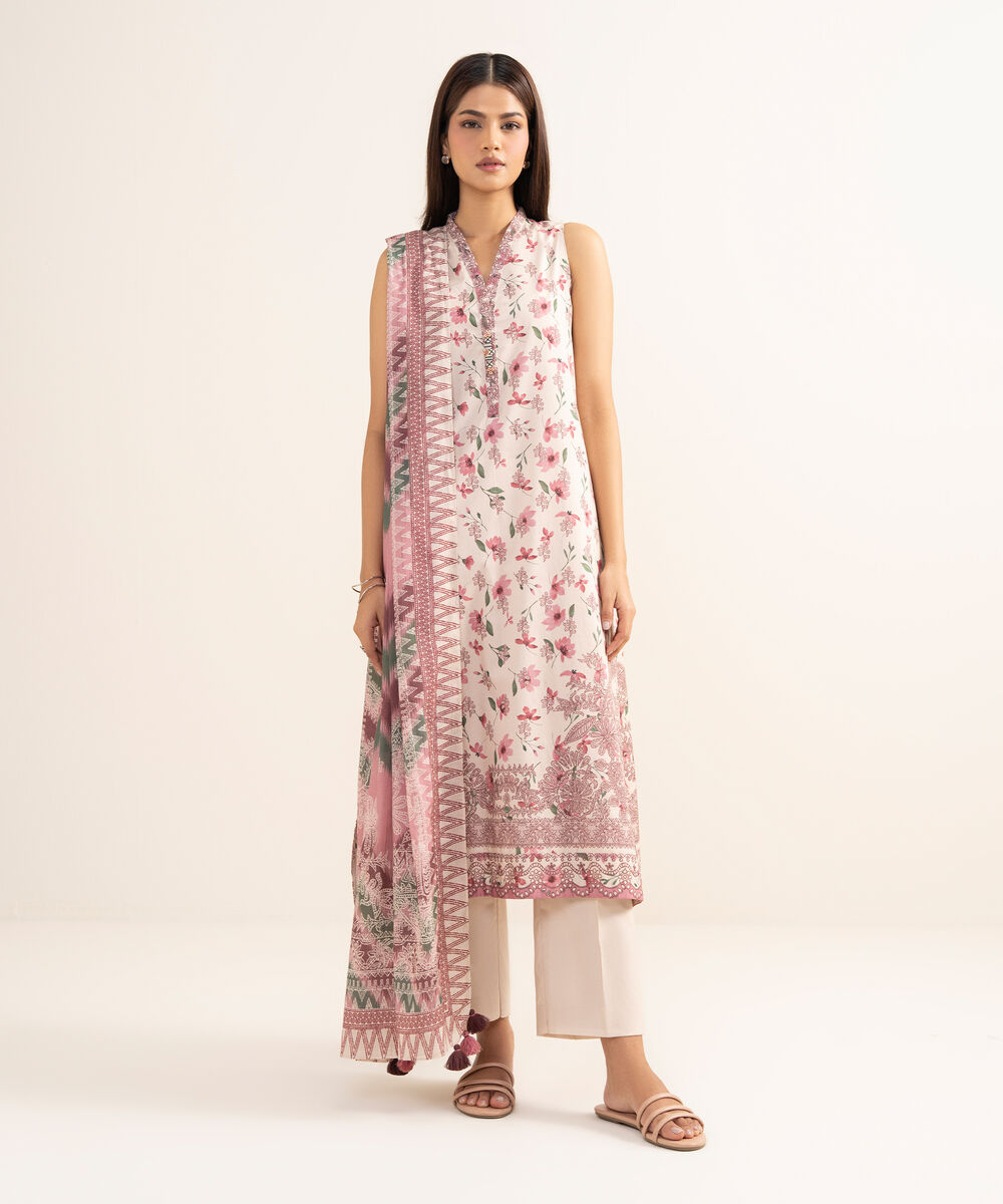 Women's Unstitched Lawn Printed Pink 3 Piece Suit