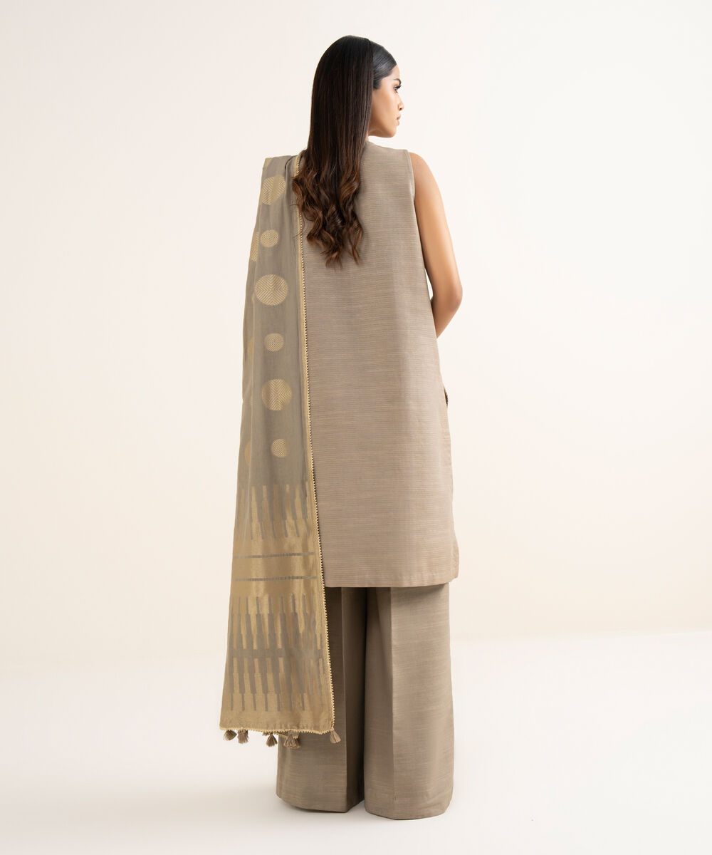 Women's Unstitched Embroidered Zari Khaddar Beige 3 Piece Suit