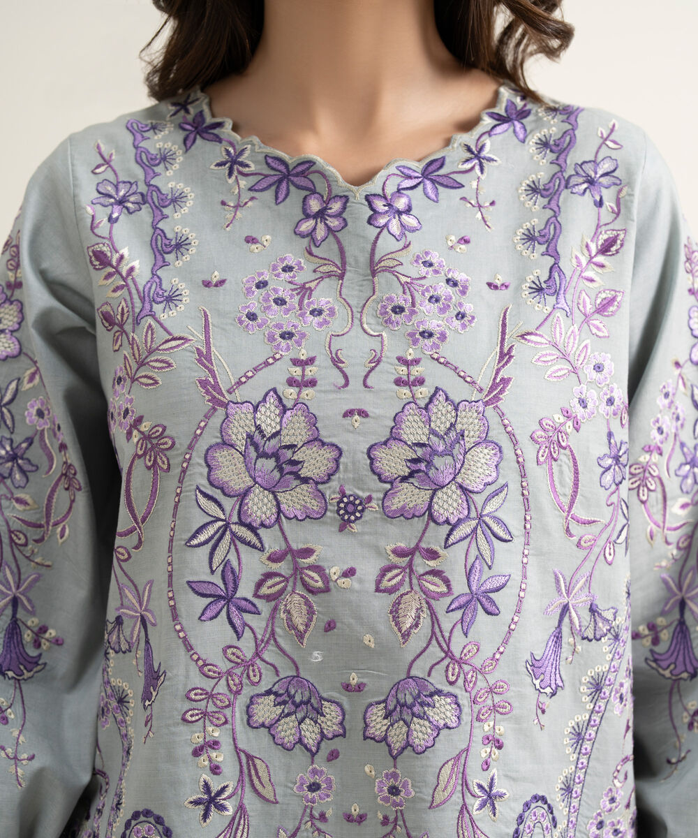 Women's Unstitched Textured Lawn Embroidered Grey 3 Piece Suit