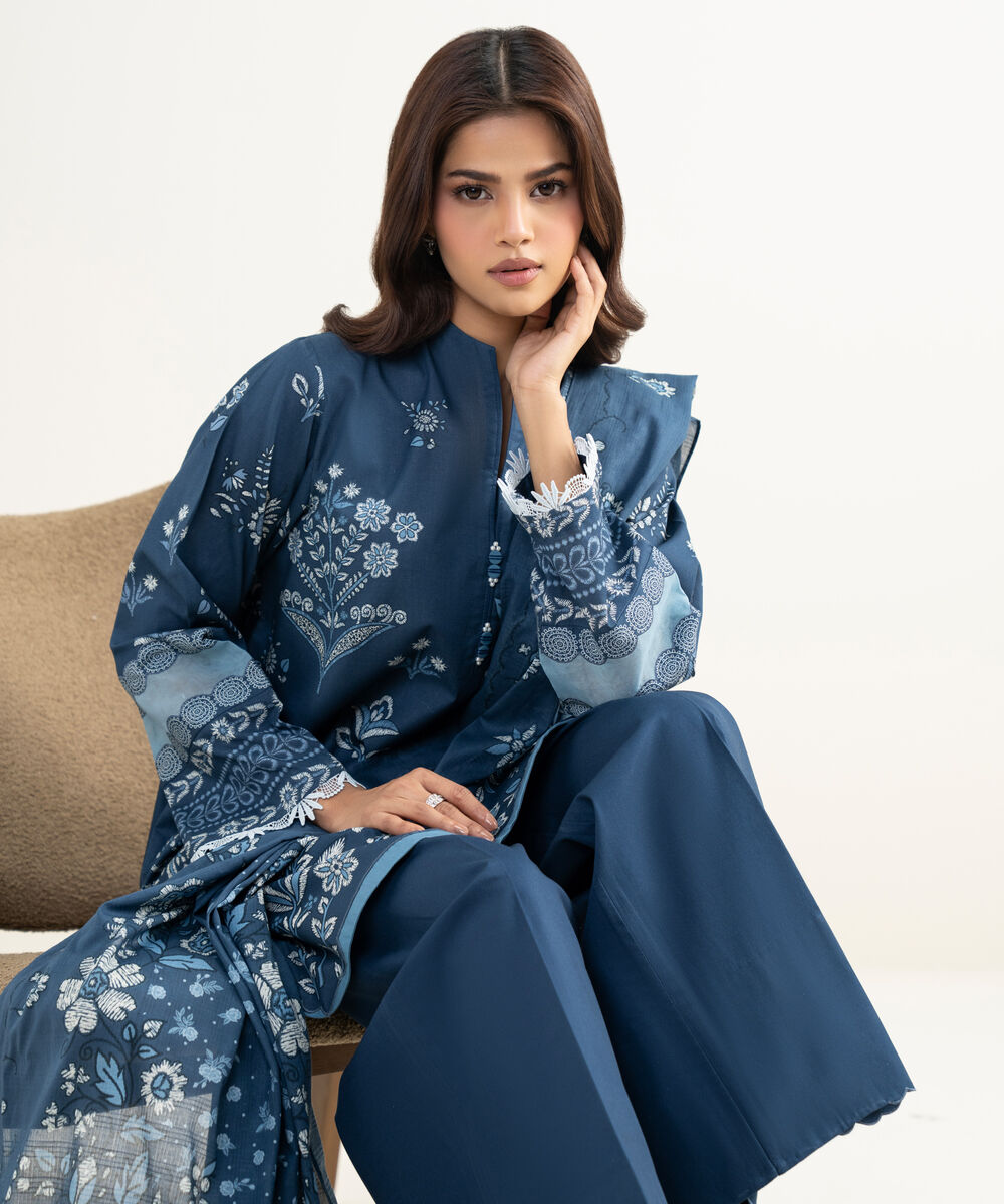 Women's Unstitched Lawn Printed Blue 3 Piece Suit