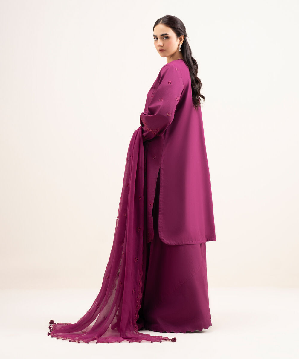Women's Unstitched Textured Lawn Embroidered Purple 3 Piece Suit