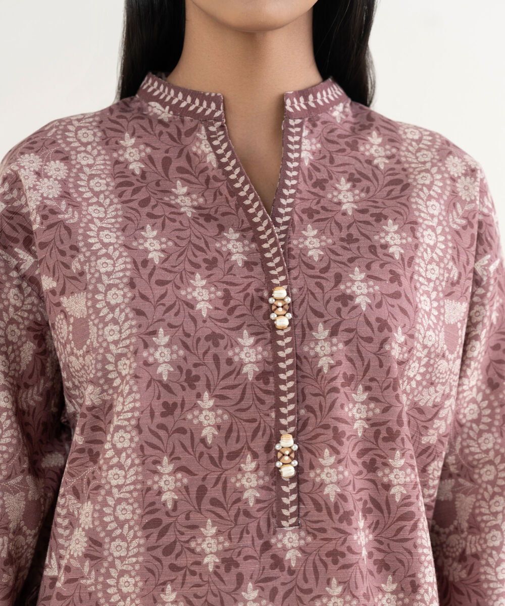 Women's Unstitched Printed Khaddar Tea Pink & Off White 3 Piece Suit