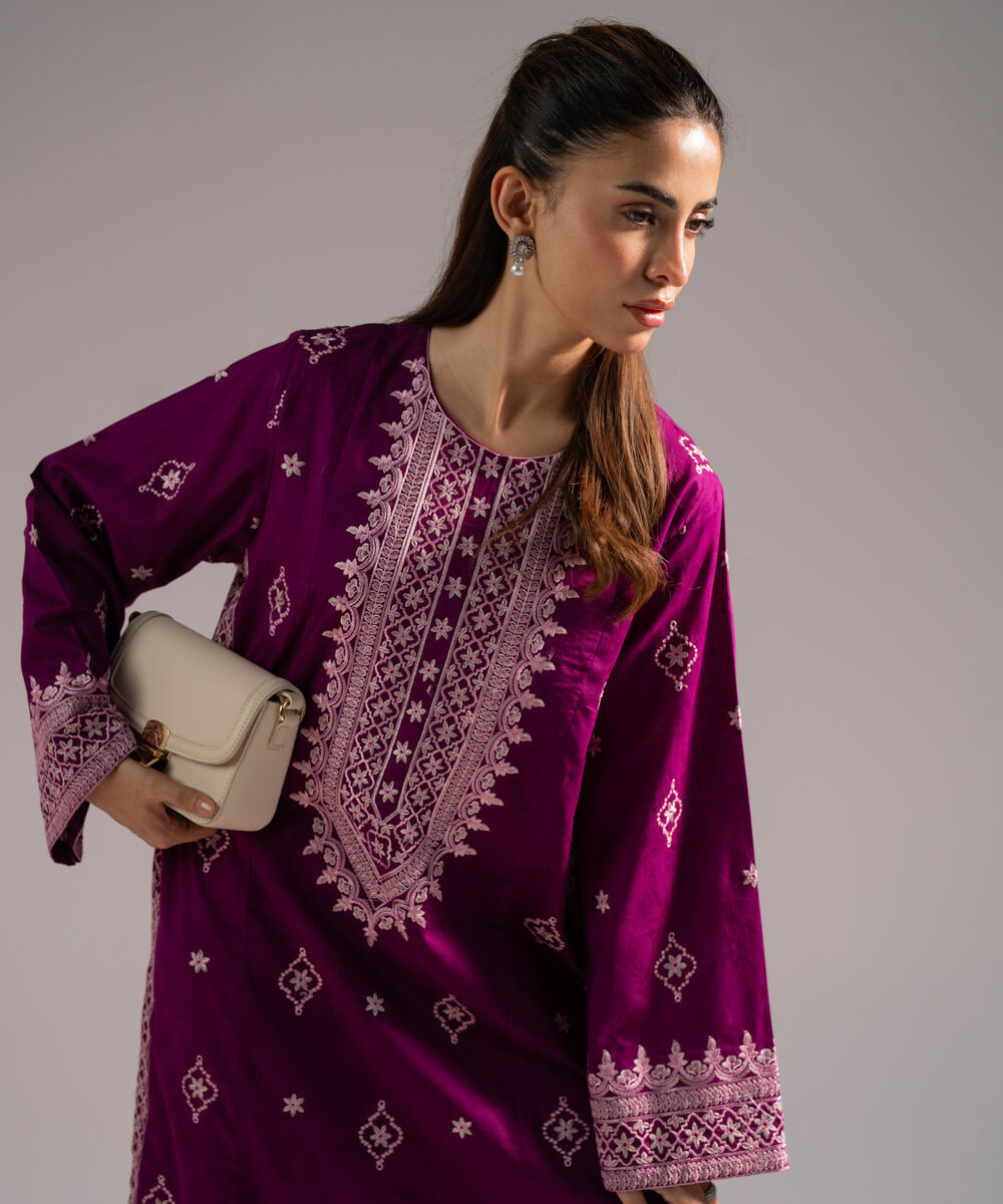 Women's RTW Self Jacquard Embroidered Purple 2 Piece Suit