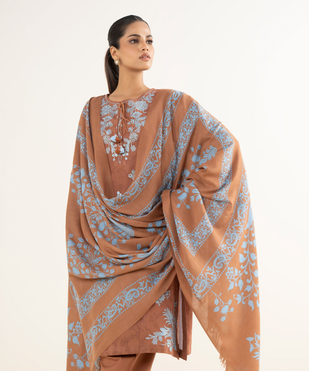 Women's Unstitched Cotton Jacquard Embroidered Brown 3 Piece Suit