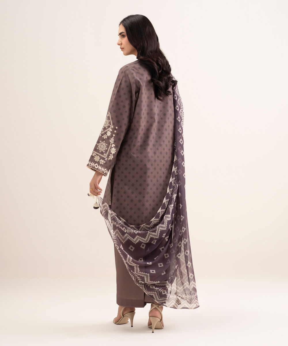 Women's Unstitched Lawn Embroidered Brown 3 Piece Suit