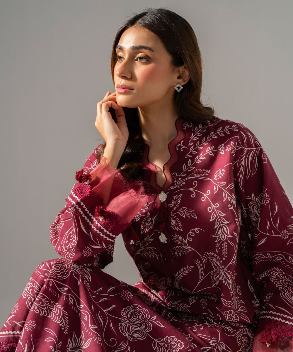 Women's RTW Printed Cross Hatch Maroon A-Line Shirt