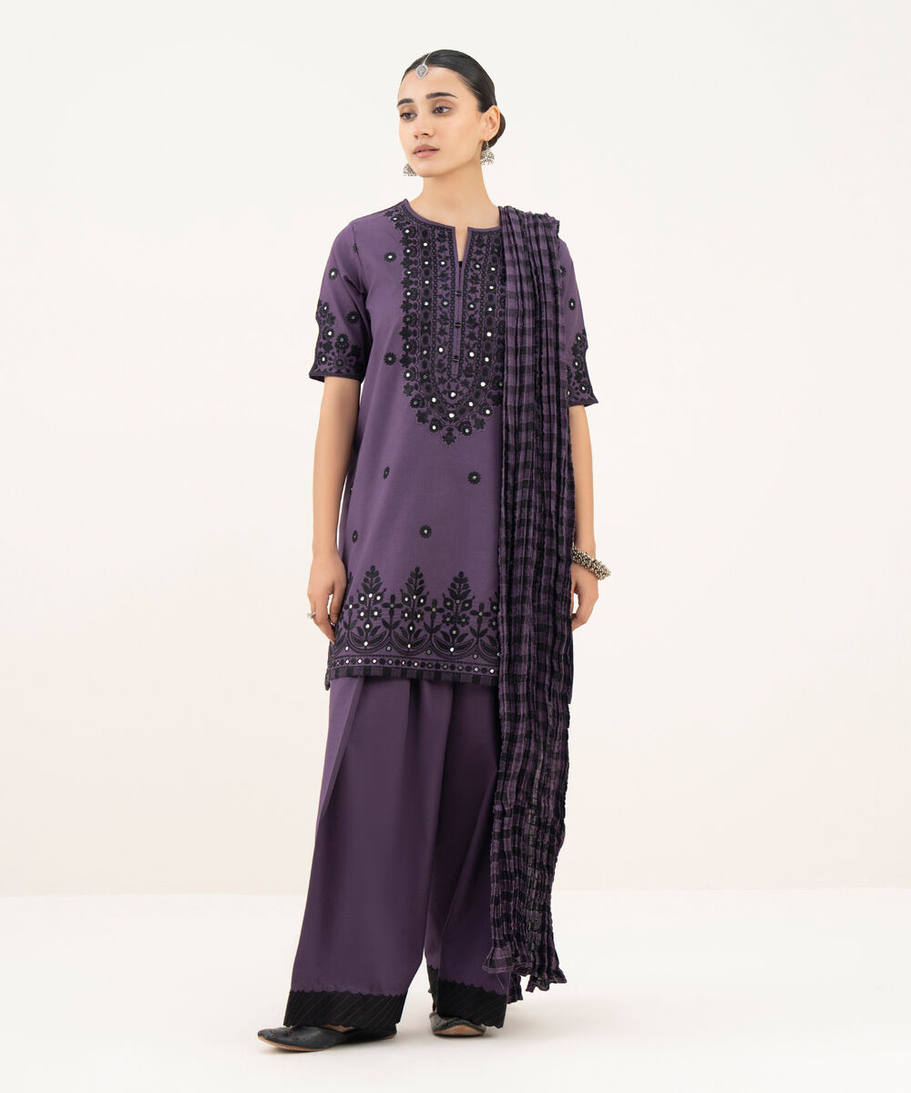 Women's Unstitched Cotton Embroidered Purple 3 Piece Suit