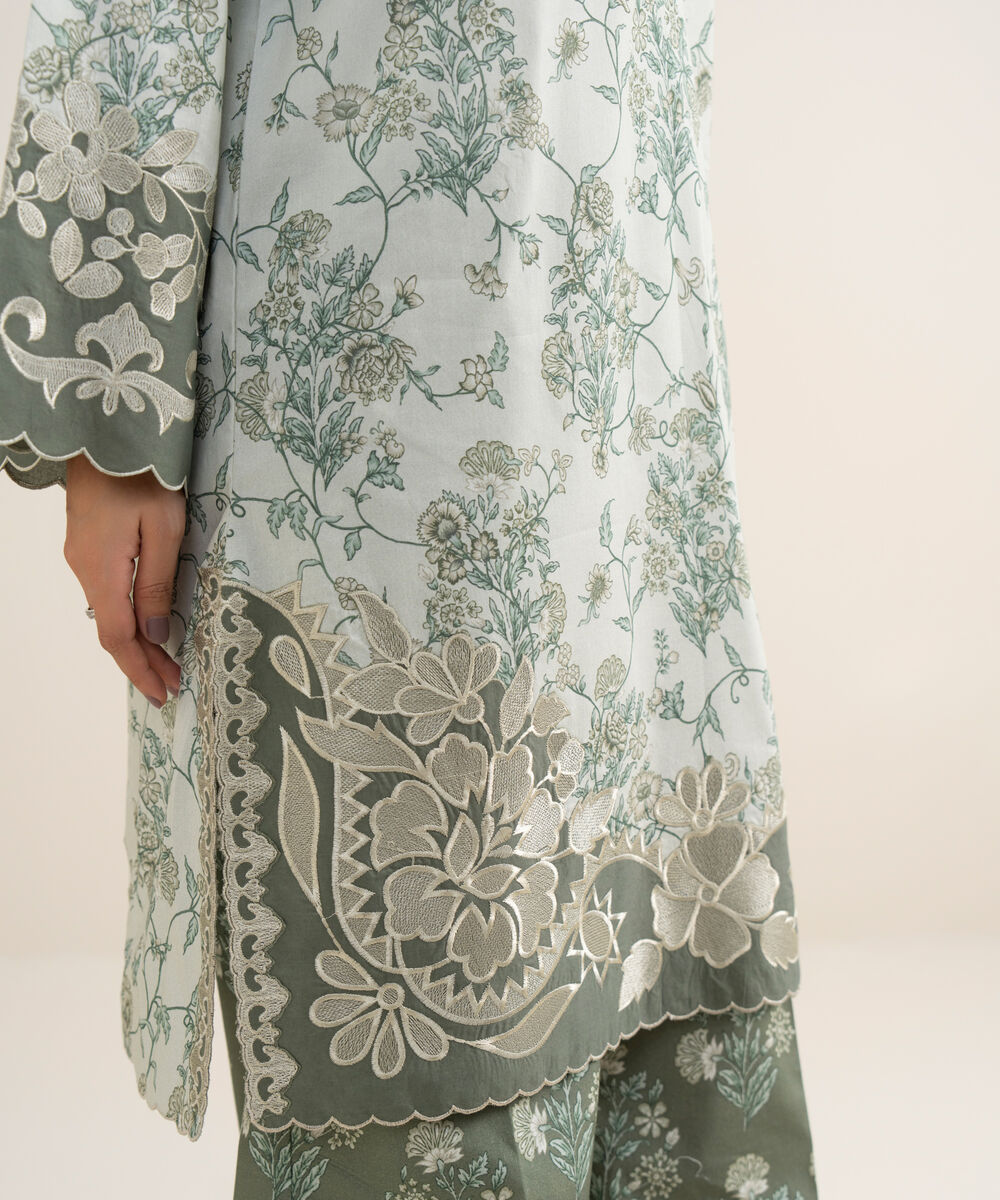 Women's Unstitched Lawn Embroidered Light Sage Green 3 Piece Suit