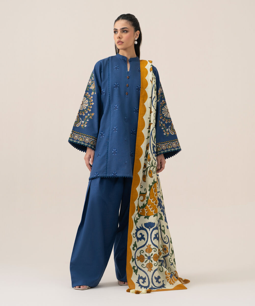 Women's Unstitched Cotton Embroidered Blue 3 Piece Suit