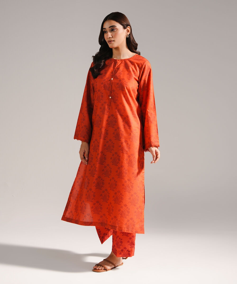 Women's RTW Zari Lawn Printed Orange 2 Piece Suit