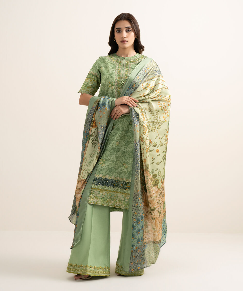 Women's Unstitched Lawn Embroidered Green 3 Piece Suit