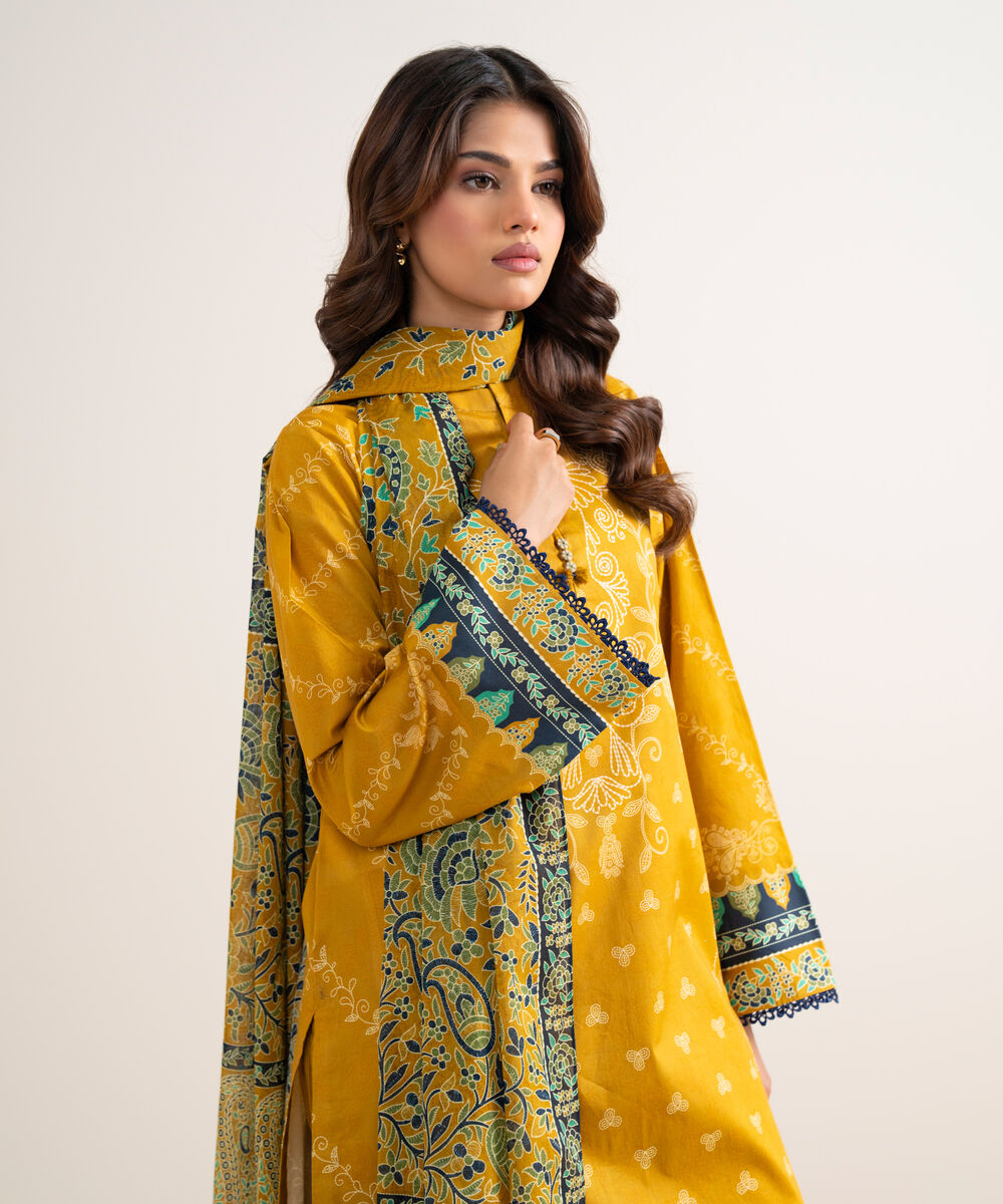 Women's Unstitched Printed Lawn Mustard 3 Piece Suit