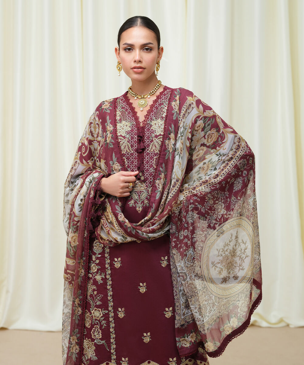 Women's Unstitched Fine Cotton Satin Embroidered Red 3 Piece Suit