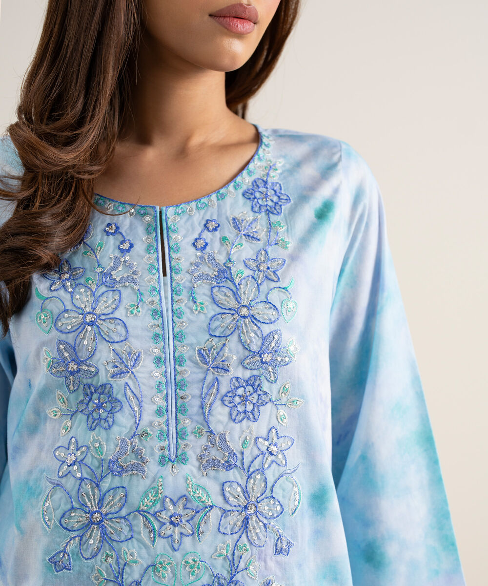 Women's Unstitched Lawn Embroidered Blue 3 Piece Suit