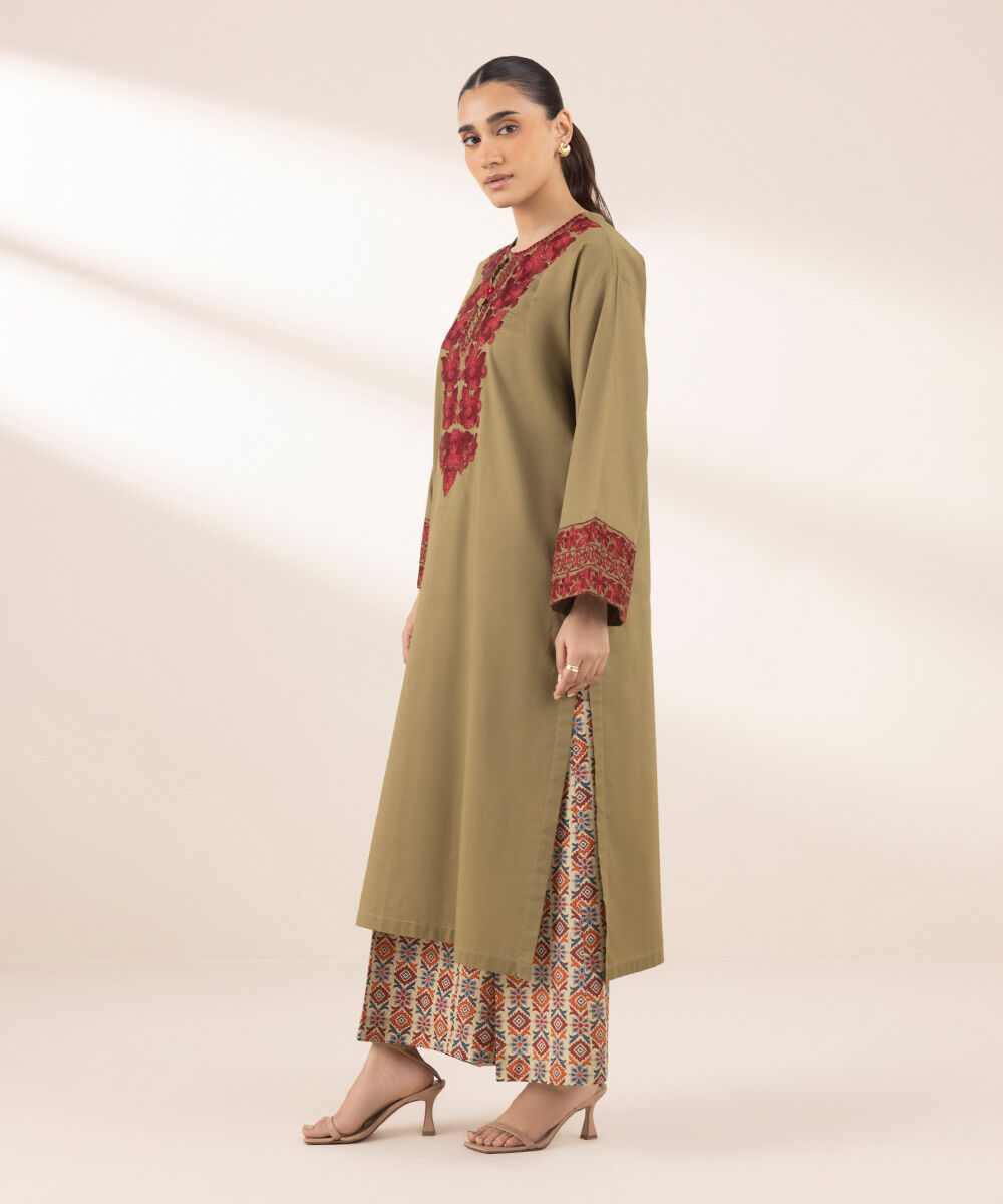Women's RTW Textured Lawn Green Embroidered Boxy Shirt