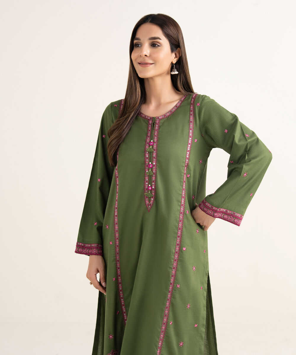 Women's RTW Textured Cotton Green Embroidered A-Line Shirt