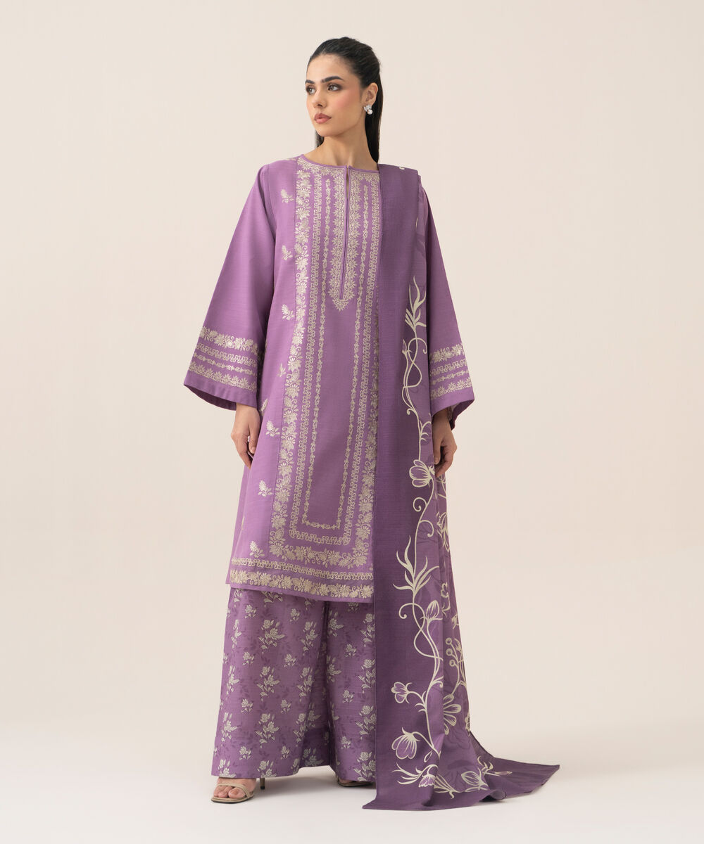Women's Unstitched Premium Khaddar Embroidered Mauve 3 Piece Suit