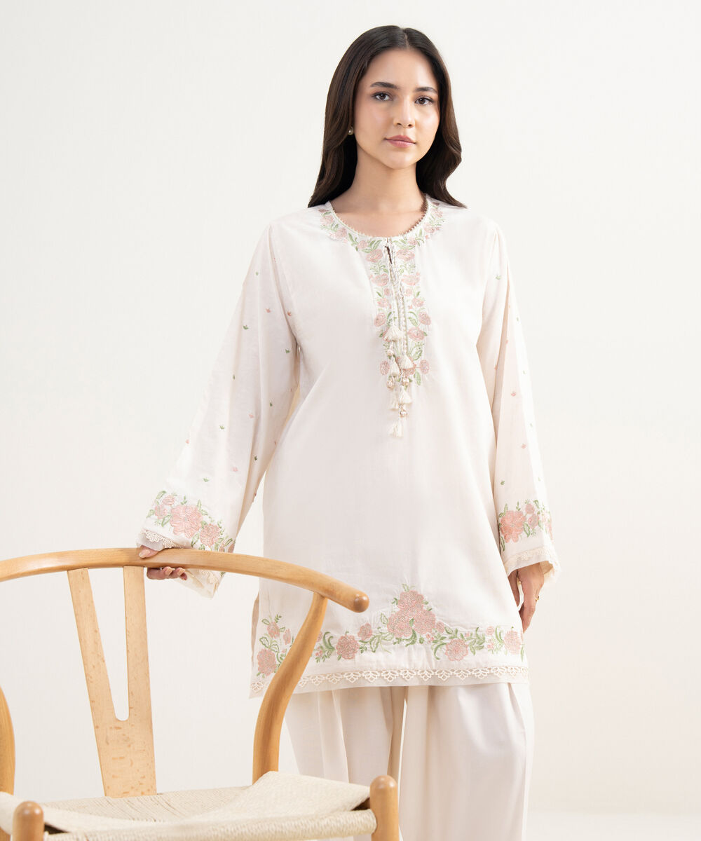 Women's RTW Self Jacquard Embroidered Pink Straight Shirt