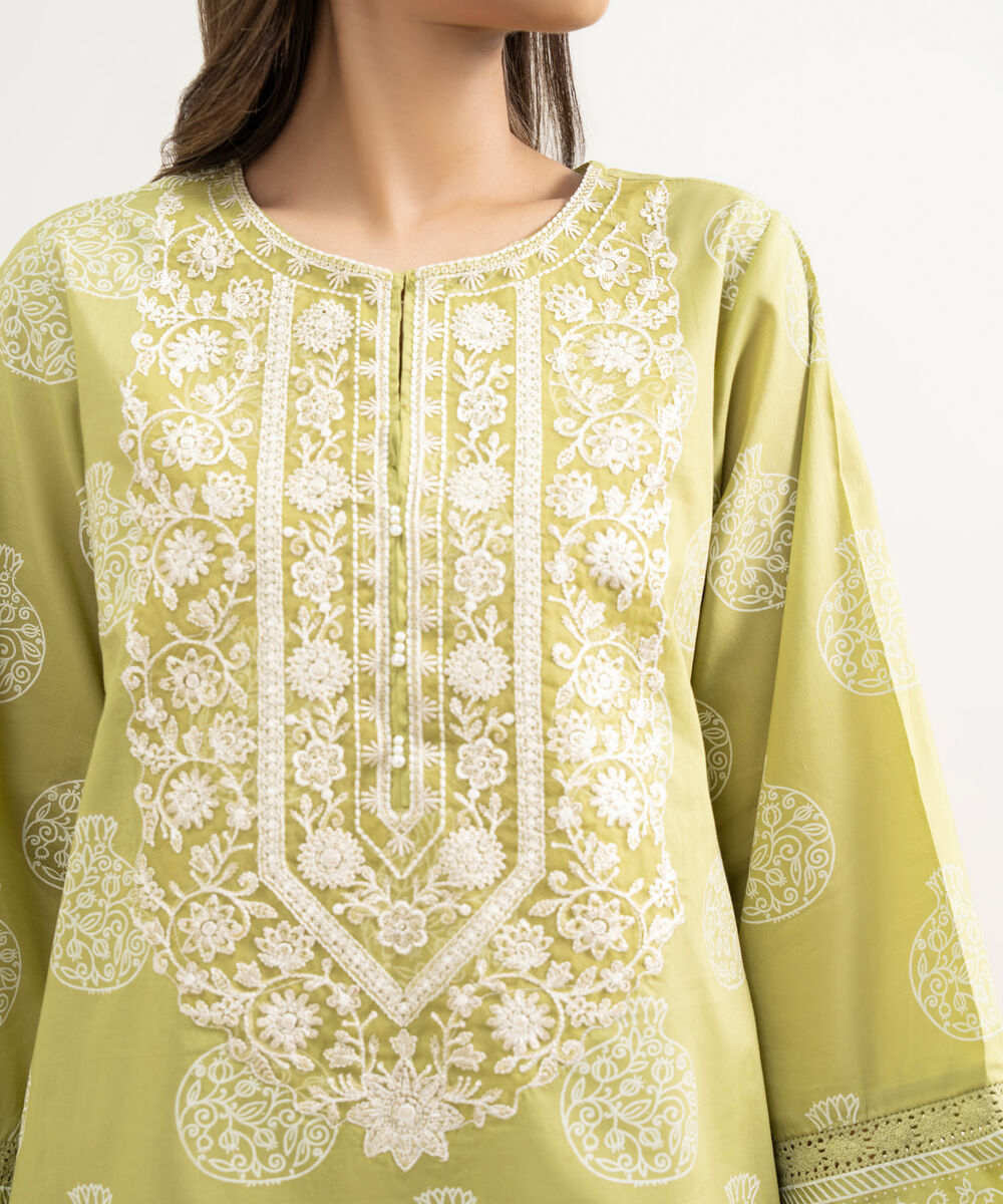 Women's RTW Lawn Embroidered Green Straight Shirt