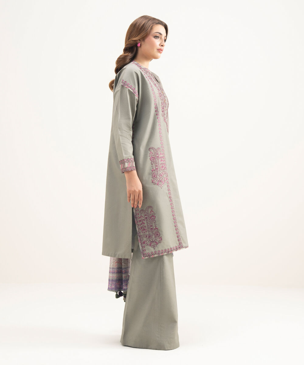 Women's Unstitched Lawn Embroidered Grey 3 Piece Suit