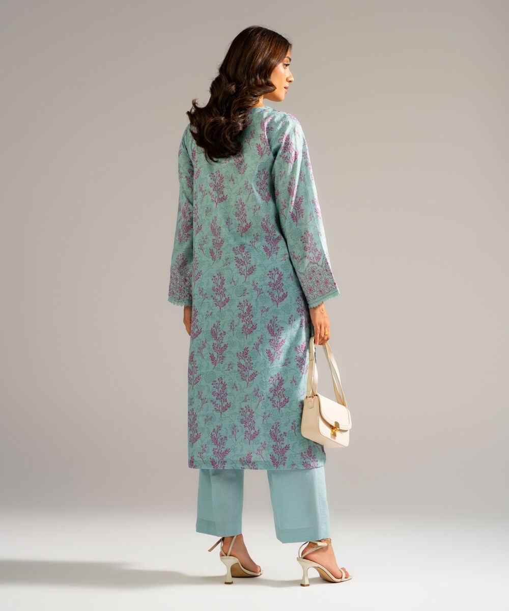 Women's RTW Self Jacquard Embroidered Blue 2 Piece Suit