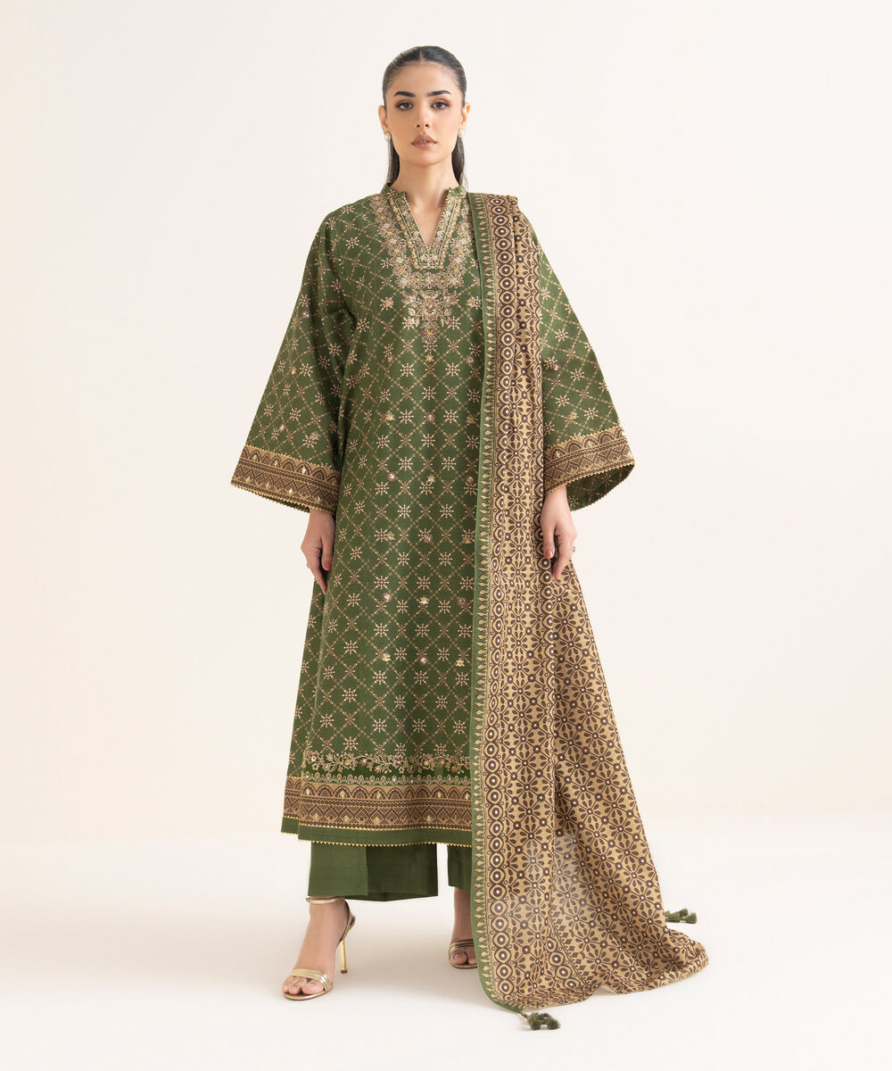 Women's Unstitched Embroidered Khaddar Green 3 Piece Suit