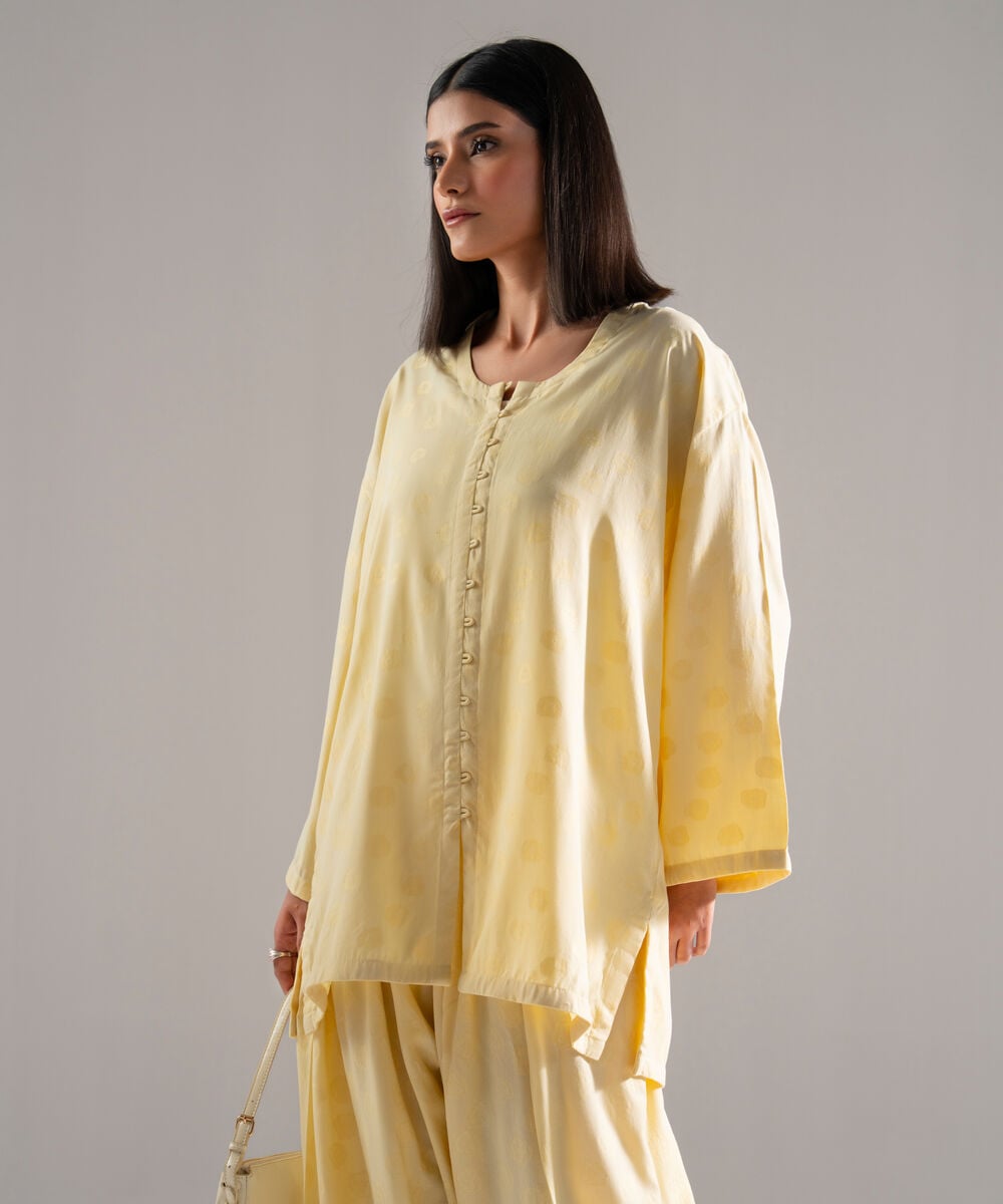 Women's RTW Poly Viscose Jacquard Solid Lime Yellow Drop Shoulder Shirt
