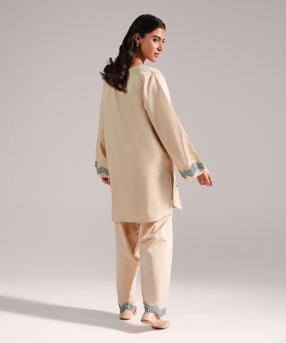 Women's RTW Cotton Satin Embroidered Beige Straight Shirt