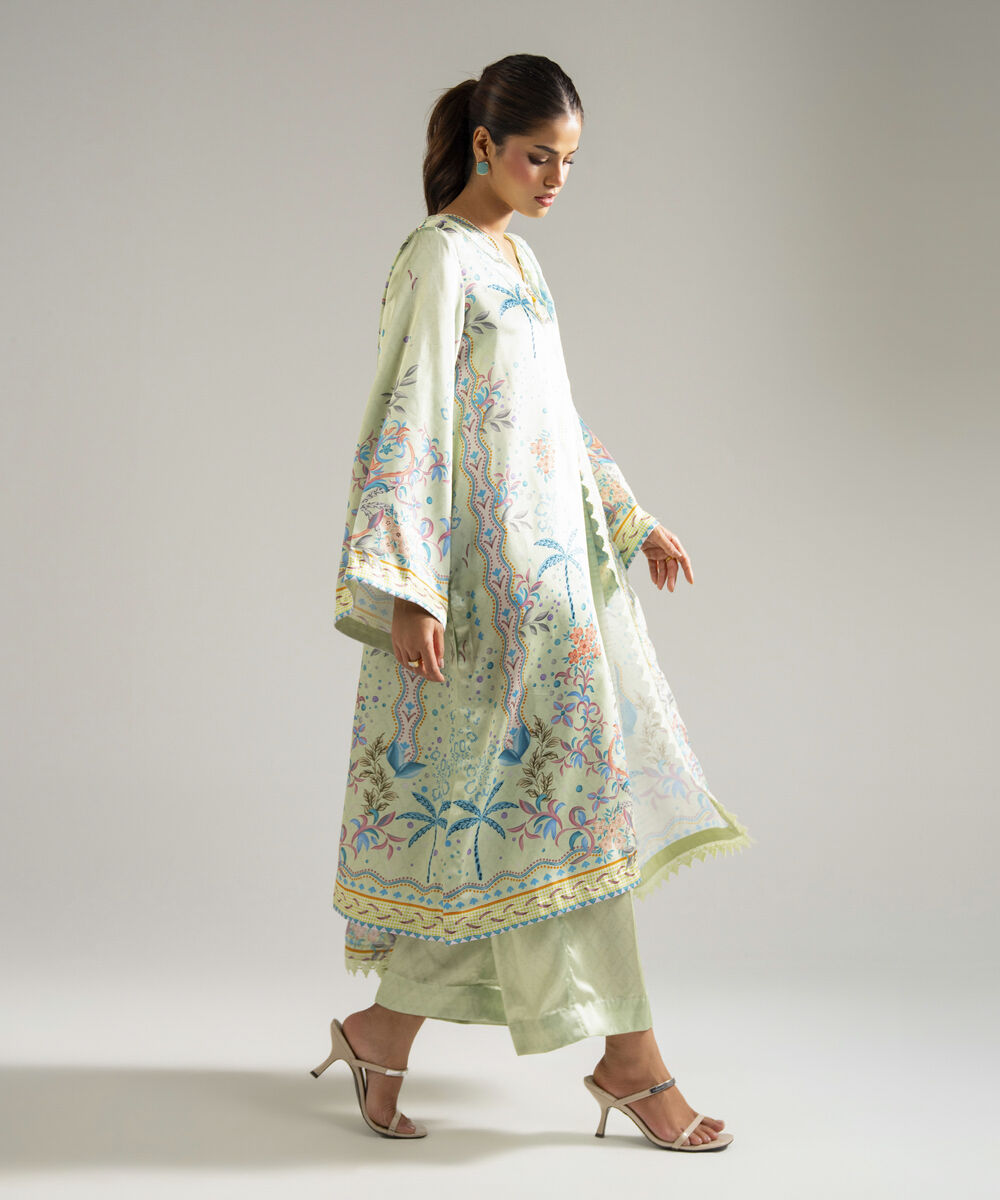 Women's RTW Blended Satin Printed Mint Green 3 Piece Suit