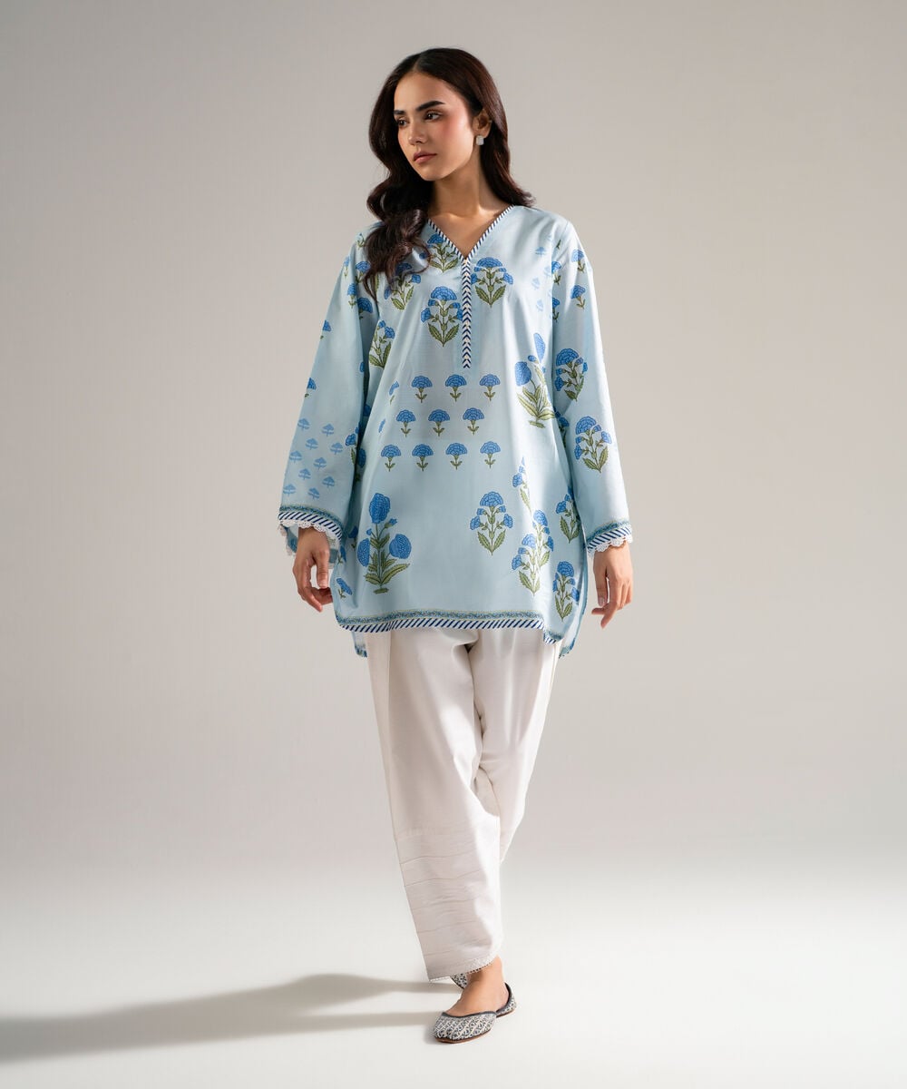 Women's RTW Slub Lawn Printed Ice Blue Straight Shirt