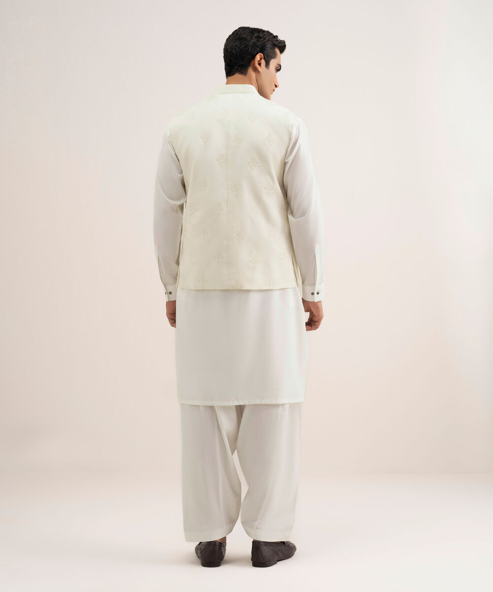 Men'S Stitched Light Cream Cotton Dobby Waistcoat