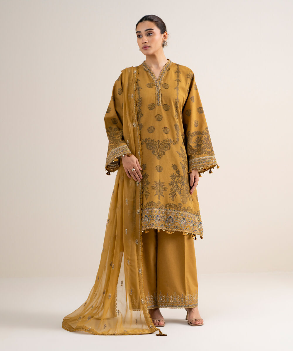 Women's Unstitched Extra Weft Jacquard Embroidered Brown