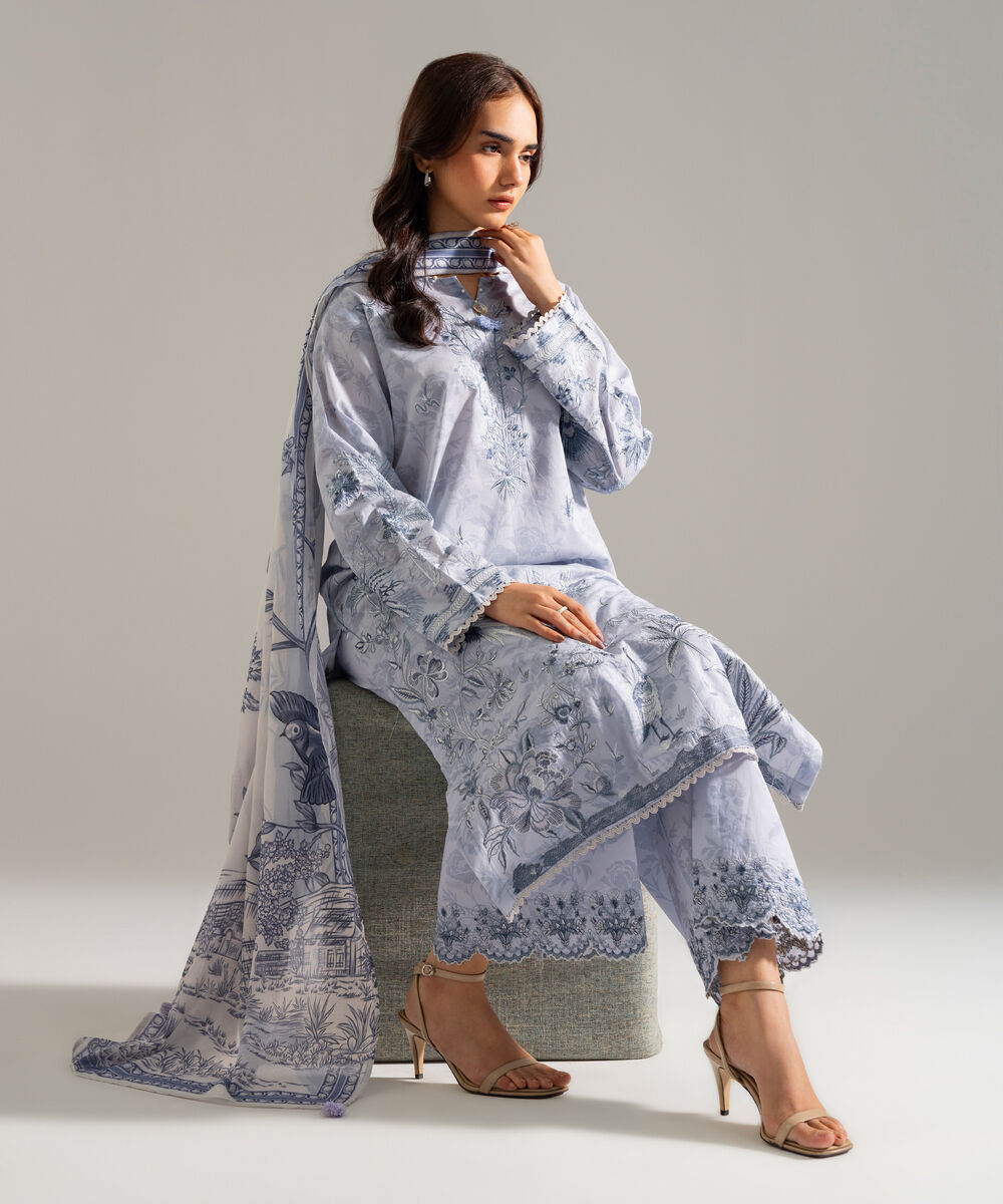 Women's RTW Lawn Embroidered Blue 3 Piece Suit