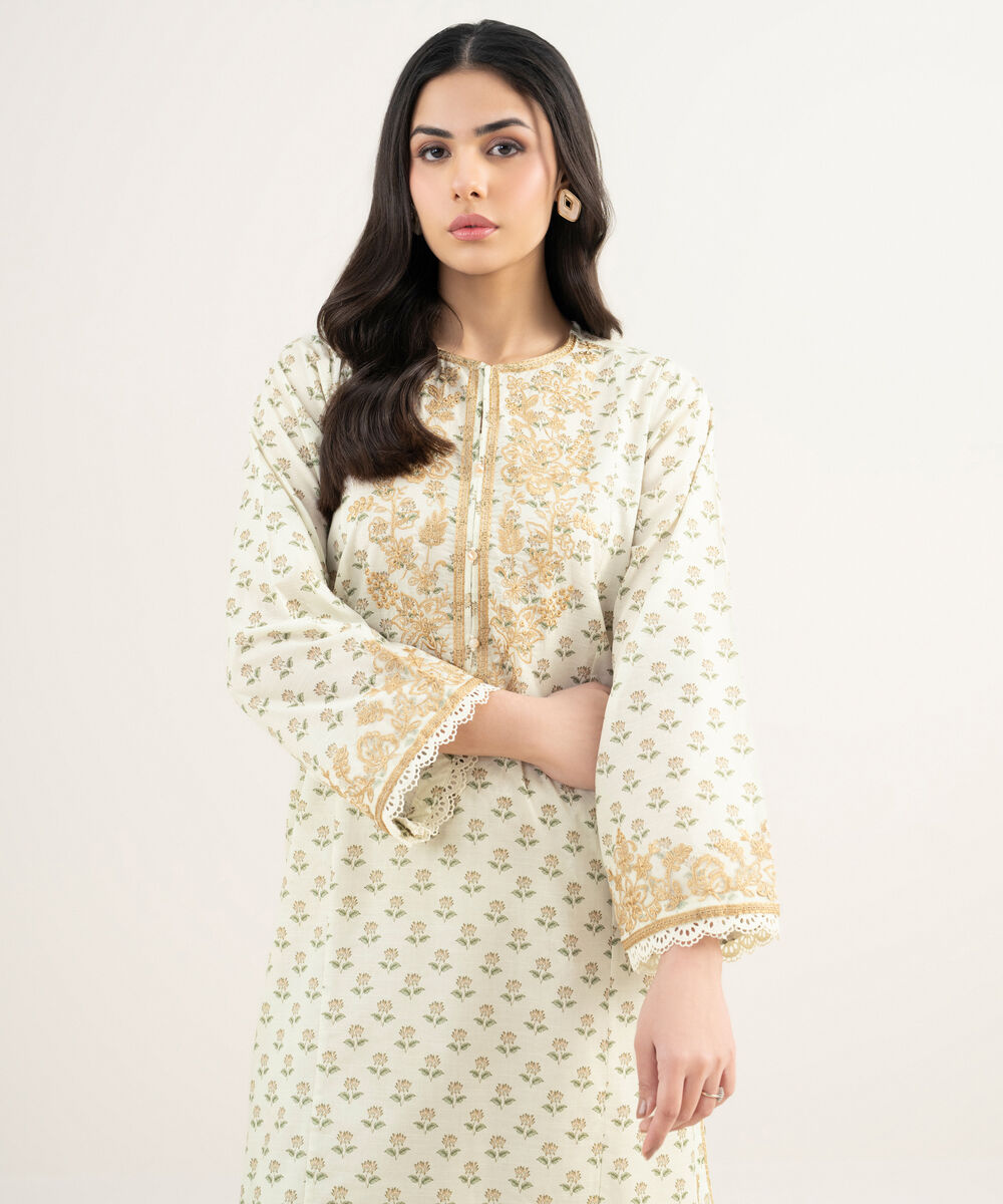 Women's RTW Slub Lawn Embroidered Mint Green A-Line Shirt