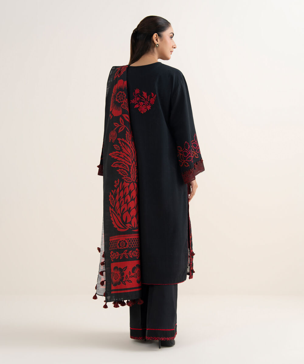 Women's Unstitched Embroidered Dobby Black & Red 3 Piece Suit
