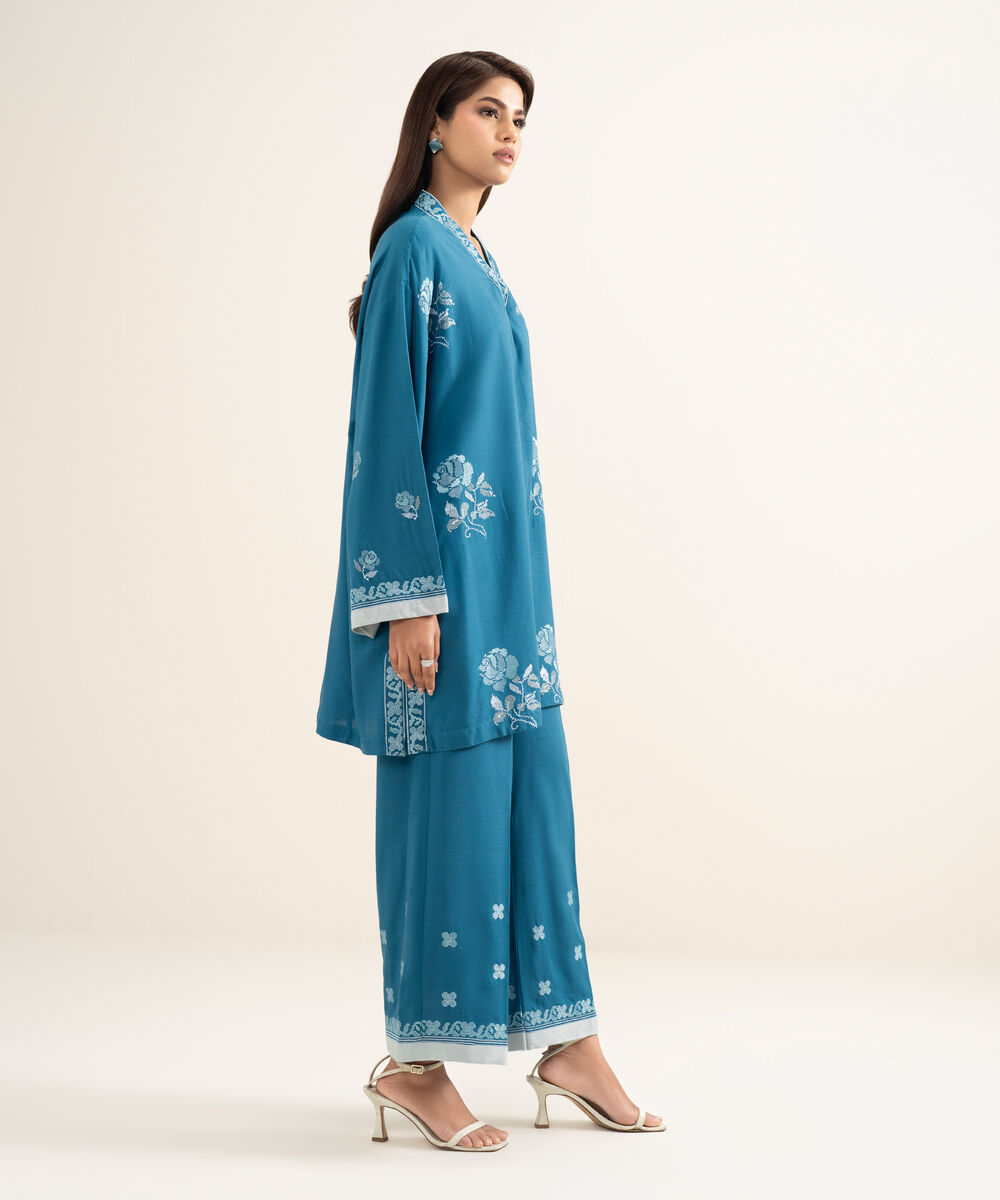 Women's RTW Cotton Viscose Embroidered Blue Drop Shoulder Shirt