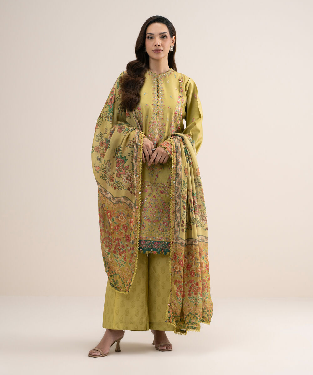 Women's Unstitched Embroidered Fine Cotton Satin Mustard 3 Piece Suit