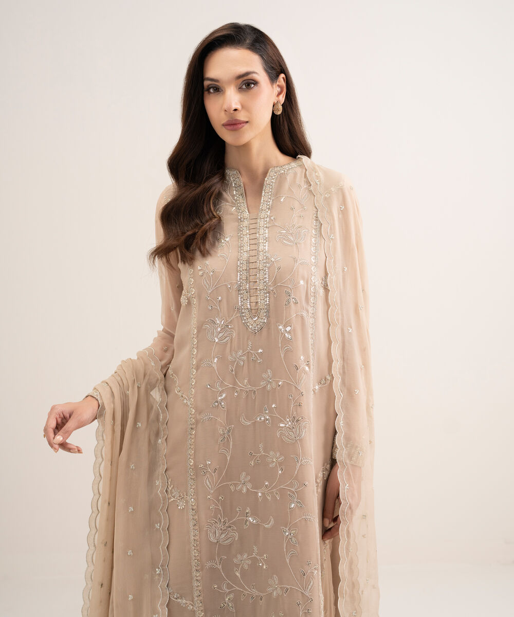 Women's Unstitched Blended Chiffon Embroidered Beige 3 Piece Suit