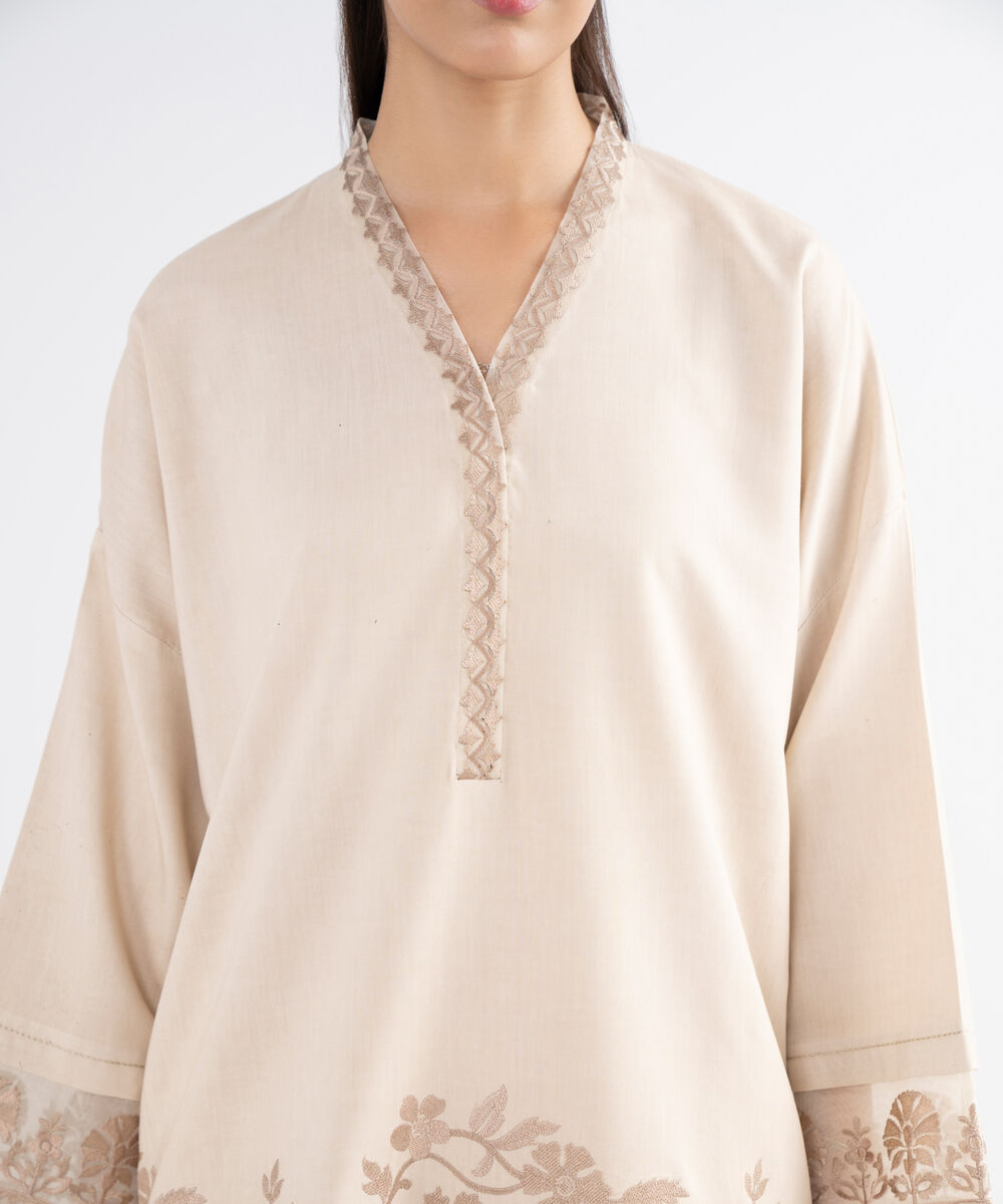 Women's Unstitched Linen Embroidered Beige  2 Piece Suit