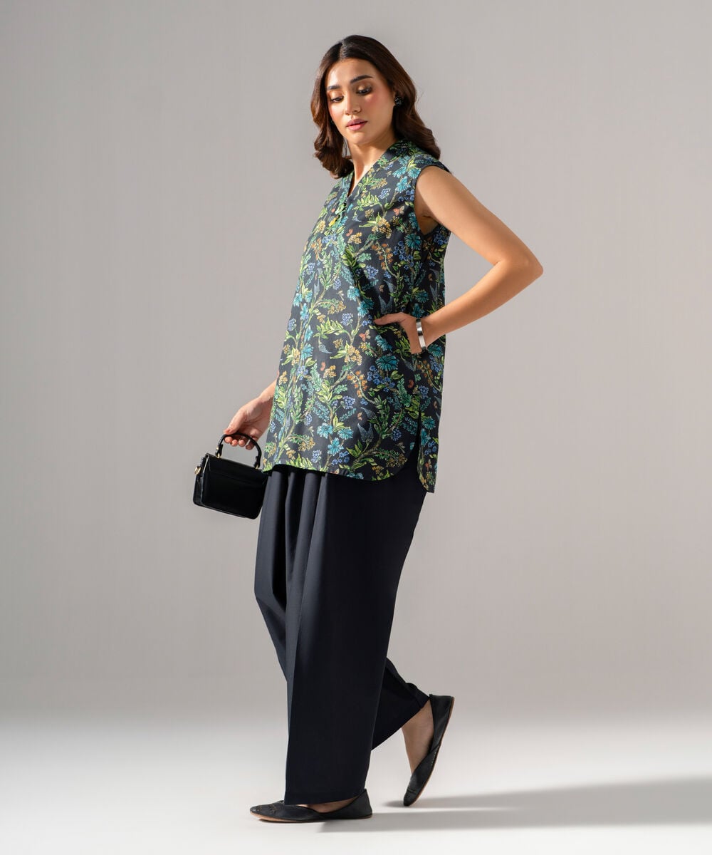 Women's RTW Cambric Printed Black Straight Shirt