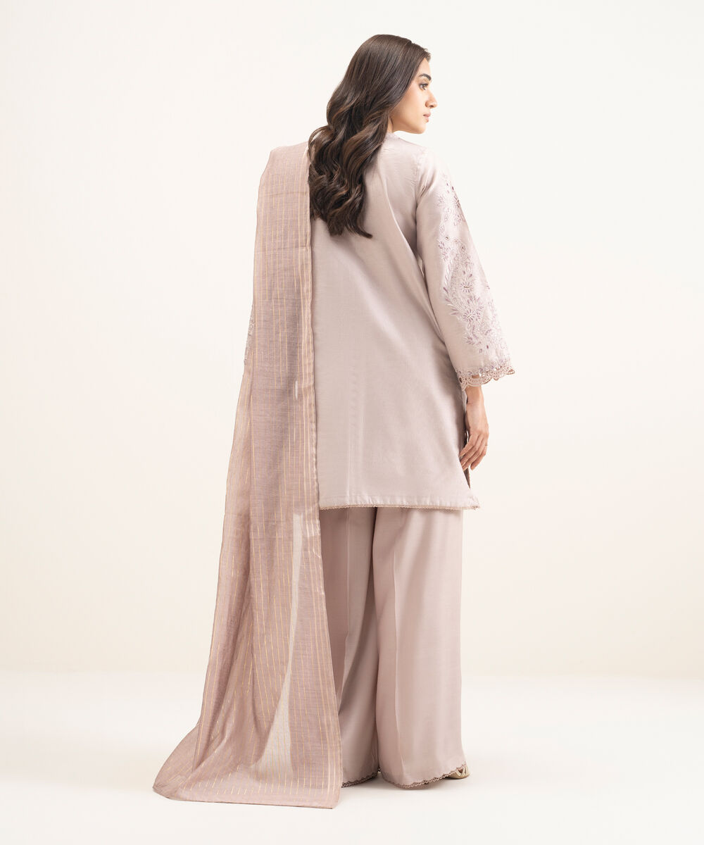 Women's RTW Silk Cotton Net Embroidered Lilac 3 Piece Suit