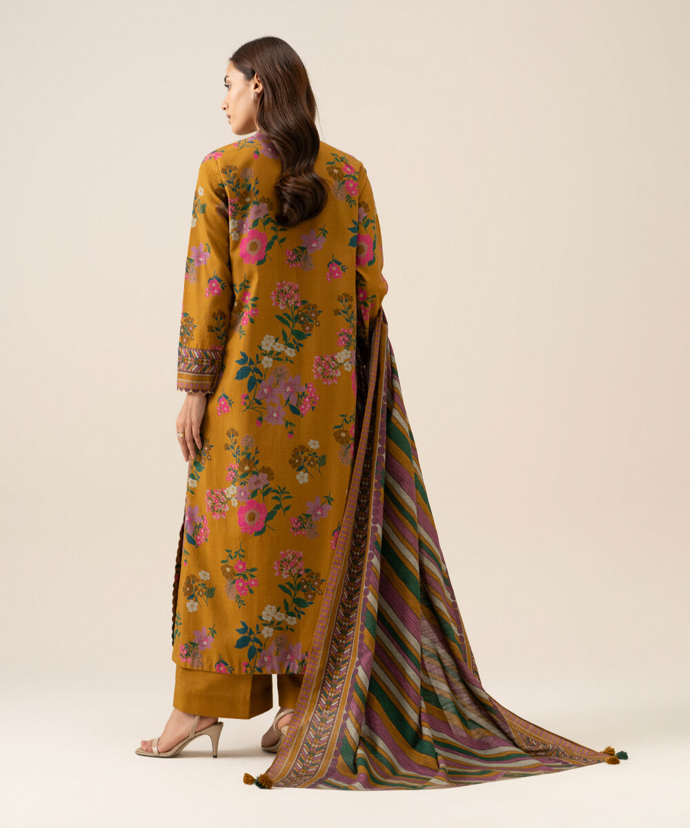 Women's Unstitched Premium Khaddar Printed Mustard 3 Piece Suit