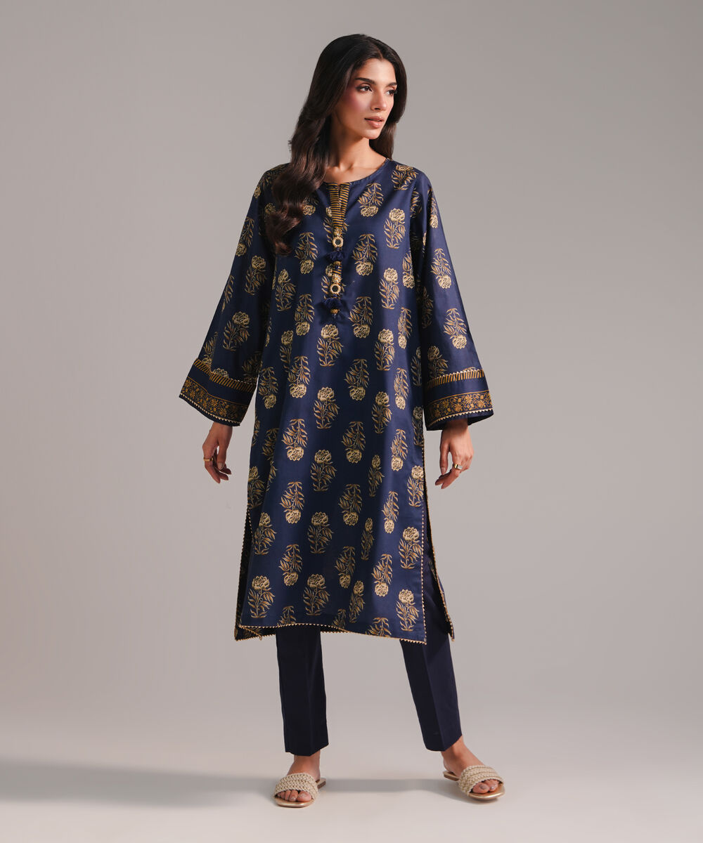 Women's RTW Textured Cotton Printed Dark Blue Straight Shirt