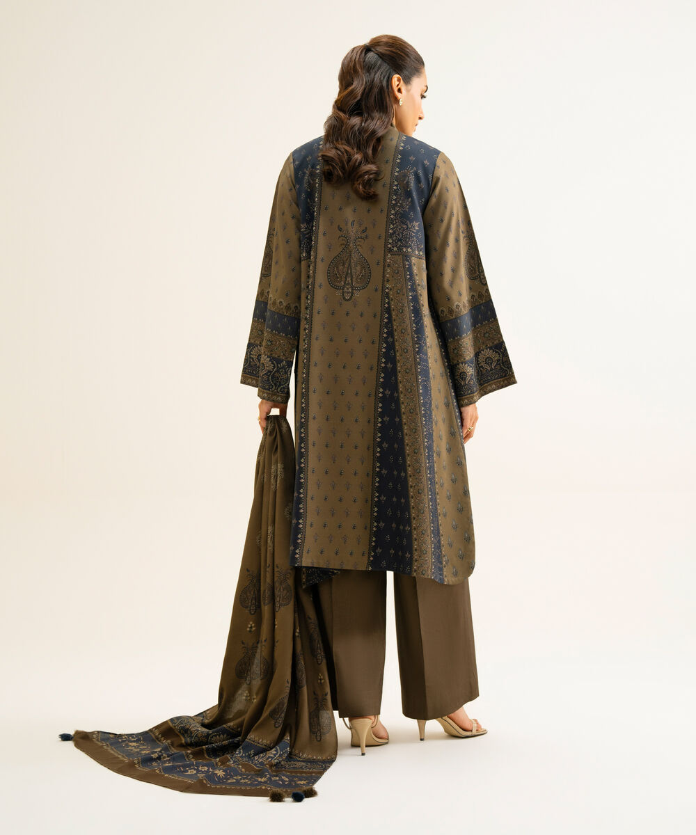 Women's Unstitched Viscose Linen Printed Brown 3 Piece Suit