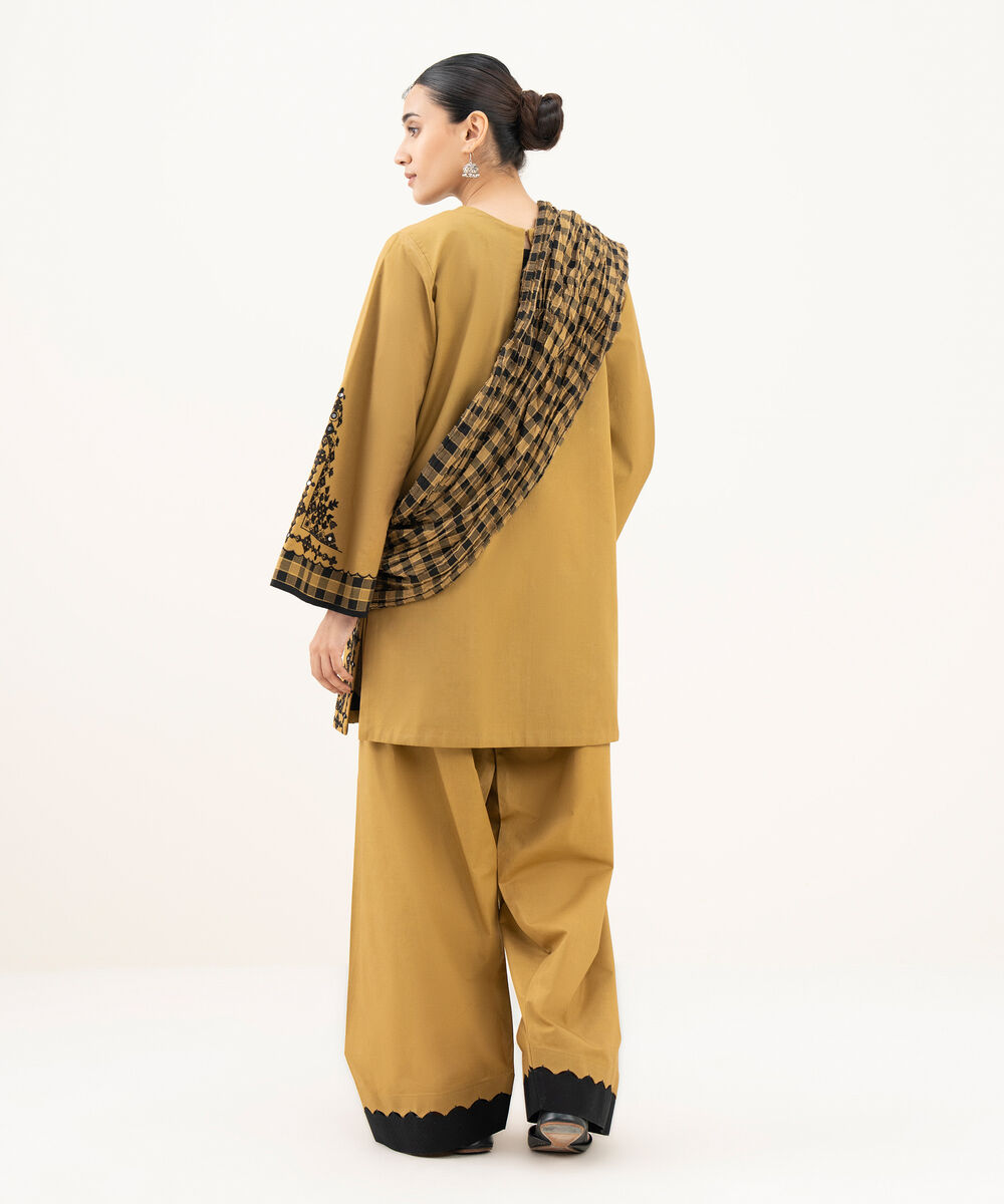 Women's Unstitched Cotton Embroidered Yellow 3 Piece Suit