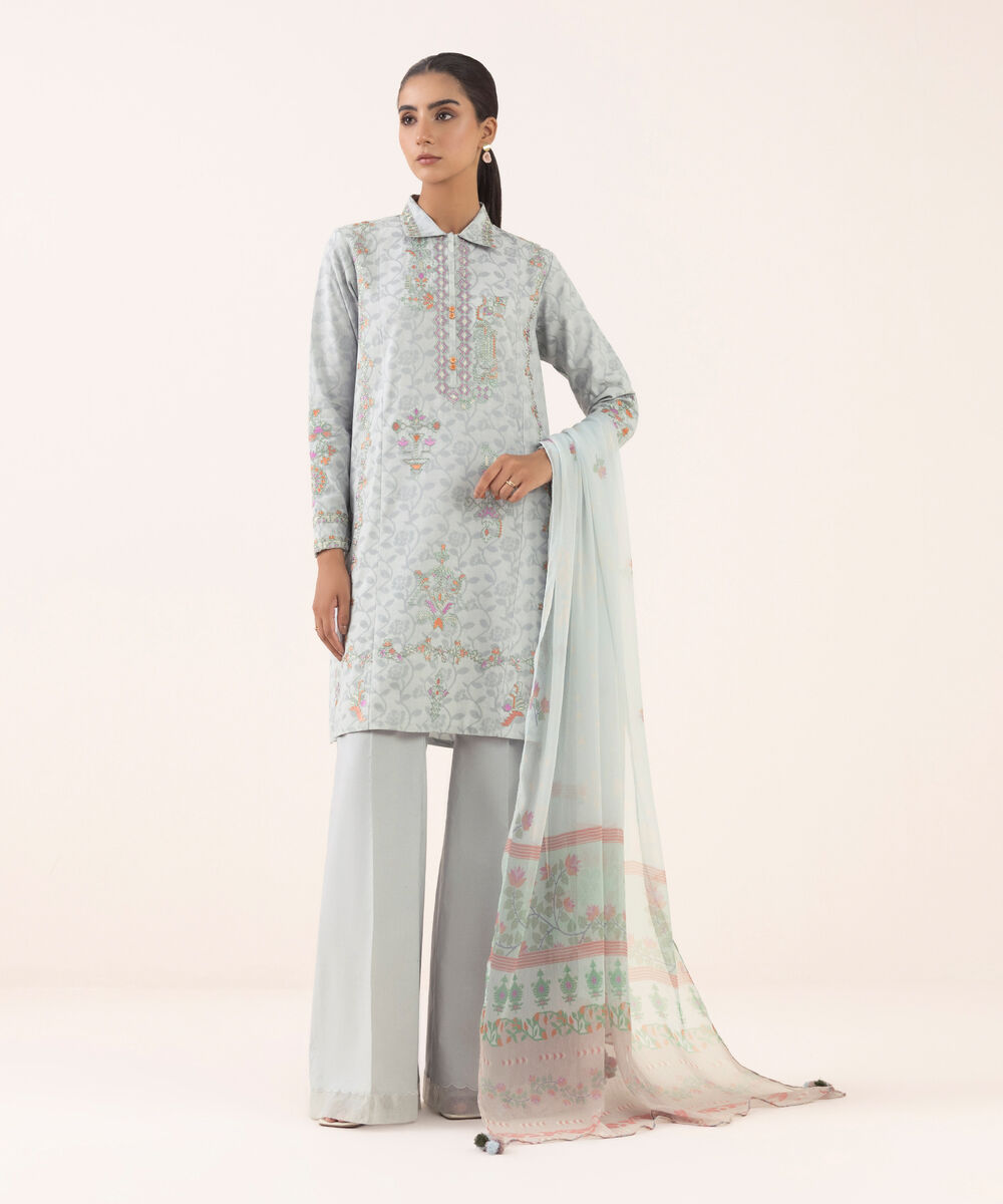 Women's Unstitched Jacquard Embroidered Aqua Three Piece Suit