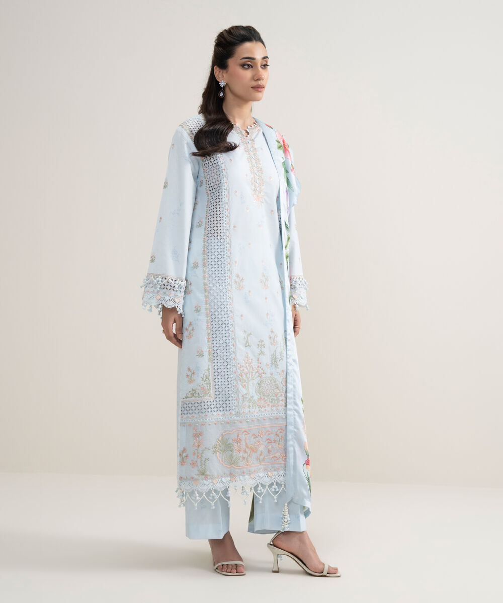 Women's Unstitched Lawn Embroidered Blue 3 Piece Suit