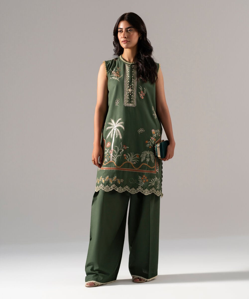 Women's RTW Solid Embroidered Green Cotton Viscose Shirt