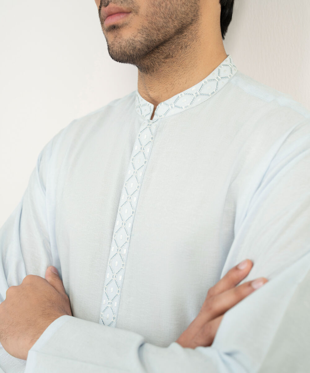 Men's Stitched Cotton Dobby Sky Blue Kurta